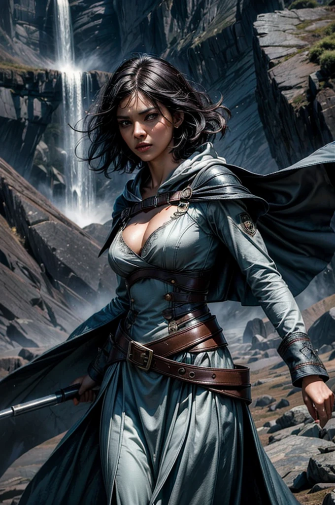 MariaCalavera, dark skin, black hair, short hair, silver eyes, dress, cleavage, cape, belts, hood, cowboy shot, (dynamic pose), standing in field in valley, BREAK mountains in background, waterfall, crowd, (crowd in military uniform), (volumetric lighting), intricate details, tonemapping, sharp focus, hyper detailed