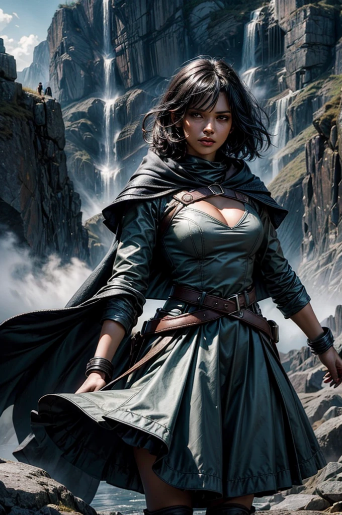 MariaCalavera, dark skin, black hair, short hair, silver eyes, dress, cleavage, cape, belts, hood, cowboy shot, (dynamic pose), standing in field in valley, BREAK mountains in background, waterfall, crowd, (crowd in military uniform), (volumetric lighting), intricate details, tonemapping, sharp focus, hyper detailed
