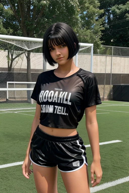 A 13 year old beautiful and slim girl in short black hair wearing transparent tshirt and shorts. Football player. Big breasts can be seen. Playing football. Athlete. Breasts.