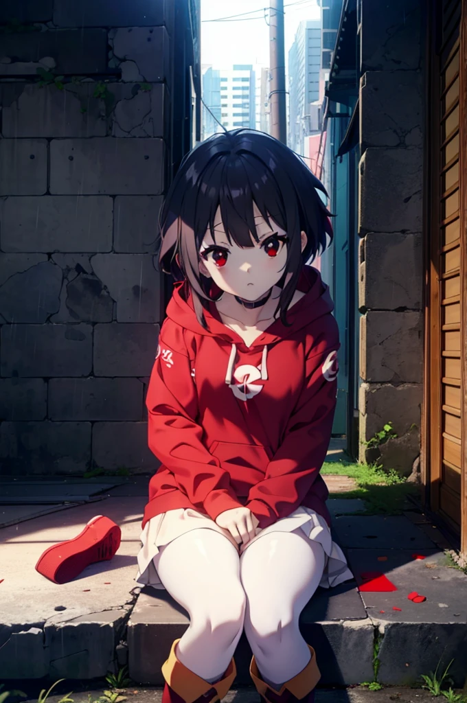 konosubaMegumin, Megumin, short hair, Black Hair, (Red eyes:1.3), short hair with long locks,Oversized red hoodie,Baseball hats,Shorts,White pantyhose,short boots,night,rain,cloudy,Hiding in a roofed building,Sitting on the stairs,whole bodyがイラストに入るように,
break indoors ,Alley,
break looking at viewer, whole body,
break (masterpiece:1.2), Highest quality, High resolution, unity 8k wallpaper, (figure:0.8), (Beautiful attention to detail:1.6), Highly detailed face, Perfect lighting, Highly detailed CG, (Perfect hands, Perfect Anatomy),
