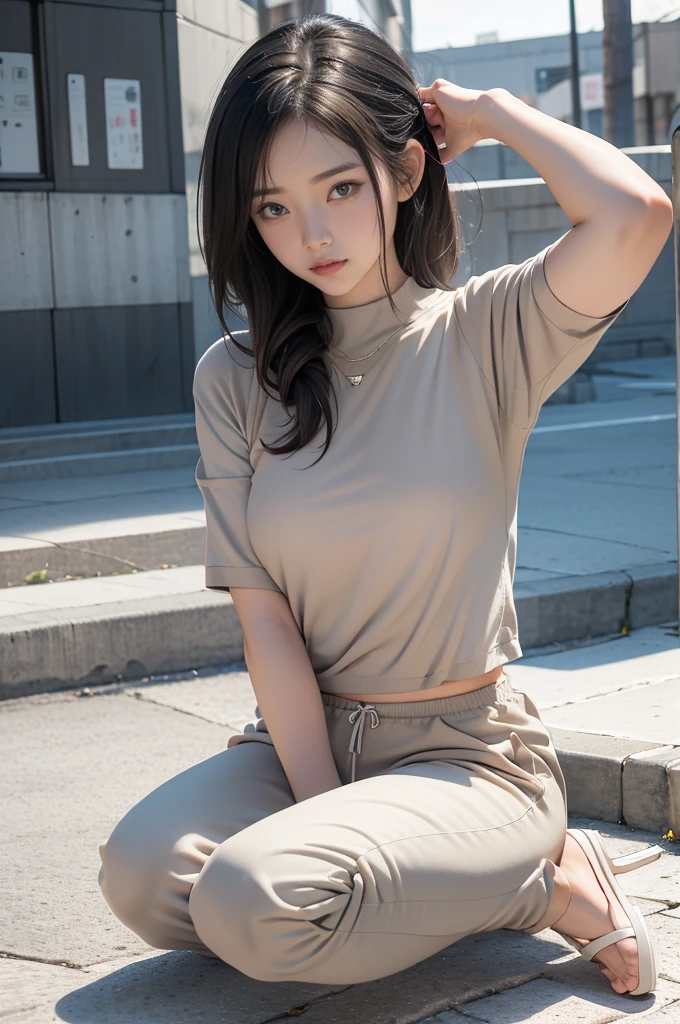 Top image quality、Raw photography、超A high resolution、18 year old cute face woman、Shooting for one person only、urban style, urban posing, ultra realistic, round breast、yellow jumper hoodie、oversize hoodie, ((short trousers: 1.2)) 、cyberpunk backpack, Beautiful Eyes of Details、very elongated eyes、Beautiful eyelashes、Beautiful double eyelids、Beautiful waist、very slender legs、ultra realistic the pores skin, medium long hair with light black hair、detail on facial pores, very slender physique, (clear sky:1.3), shoot in low angel (dynamic low angle: 1.4), ((full body: 1.3)) Madly detailed photo、lighting from side, dramatic side lighting, Ultra-realistic light、Woman with shiny black hair、perfect hand, Heart in the eye。odd eye, full body Esbian,Blur the background with a sickle,((masutepiece)), ((Best Quality))Wallpapers 16K, .Blur the background with a sickle , BREAK,((masterpiece)), ((Best Quality)), epic (Lige Fries Photography、sony a7、12 millimeters、wide angel dynamic potrait, pores:1.5、Farbe、ultra-detailliert:1.5、film grains:1.4、hyper realisitic:1.5)、octan render、(Pulitzer Prize for Best Photography、Taylor Wessing Award for Best Photography), mystical colors, romantic depth of field urban_dance, , Background with mystical dark ((ancient city:1.2), 3d reslistic
