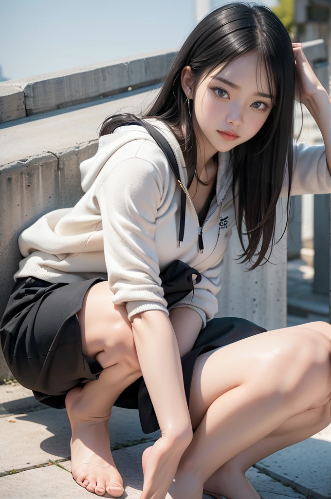 Top image quality、Raw photography、超A high resolution、18 year old cute face woman、Shooting for one person only、urban style, urban posing, ultra realistic, round breast、yellow jumper hoodie、oversize hoodie, ((short trousers: 1.2)) 、cyberpunk backpack, Beautiful Eyes of Details、very elongated eyes、Beautiful eyelashes、Beautiful double eyelids、Beautiful waist、very slender legs、ultra realistic the pores skin,  medium long hair with light black hair、detail on facial pores, very slender physique,  (clear sky:1.3), shoot in low angel (dynamic low angle: 1.4), ((full body: 1.3)) Madly detailed photo、lighting from side, dramatic side lighting, Ultra-realistic light、Woman with shiny black hair、perfect hand, Heart in the eye。odd eye, full body Esbian,Blur the background with a sickle,((masutepiece)), ((Best Quality))Wallpapers 16K, .Blur the background with a sickle , BREAK,((masterpiece)), ((Best Quality)), epic (Lige Fries Photography、sony a7、12 millimeters、wide angel dynamic potrait, pores:1.5、Farbe、ultra-detailliert:1.5、film grains:1.4、hyper realisitic:1.5)、octan render、(Pulitzer Prize for Best Photography、Taylor Wessing Award for Best Photography), mystical colors, romantic depth of field urban_dance, , Background with mystical dark ((ancient city:1.2), 3d reslistic