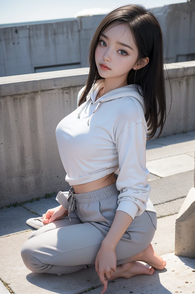 Top image quality、Raw photography、超A high resolution、18 year old cute face woman、Shooting for one person only、urban style, urban posing, ultra realistic, round breast、yellow jumper hoodie、oversize hoodie, ((short trousers: 1.2)) 、cyberpunk backpack, Beautiful Eyes of Details、very elongated eyes、Beautiful eyelashes、Beautiful double eyelids、Beautiful waist、very slender legs、ultra realistic the pores skin,  medium long hair with light black hair、detail on facial pores, very slender physique,  (clear sky:1.3), shoot in low angel (dynamic low angle: 1.4), ((full body: 1.3)) Madly detailed photo、lighting from side, dramatic side lighting, Ultra-realistic light、Woman with shiny black hair、perfect hand, Heart in the eye。odd eye, full body Esbian,Blur the background with a sickle,((masutepiece)), ((Best Quality))Wallpapers 16K, .Blur the background with a sickle , BREAK,((masterpiece)), ((Best Quality)), epic (Lige Fries Photography、sony a7、12 millimeters、wide angel dynamic potrait, pores:1.5、Farbe、ultra-detailliert:1.5、film grains:1.4、hyper realisitic:1.5)、octan render、(Pulitzer Prize for Best Photography、Taylor Wessing Award for Best Photography), mystical colors, romantic depth of field urban_dance, , Background with mystical dark ((ancient city:1.2), 3d reslistic