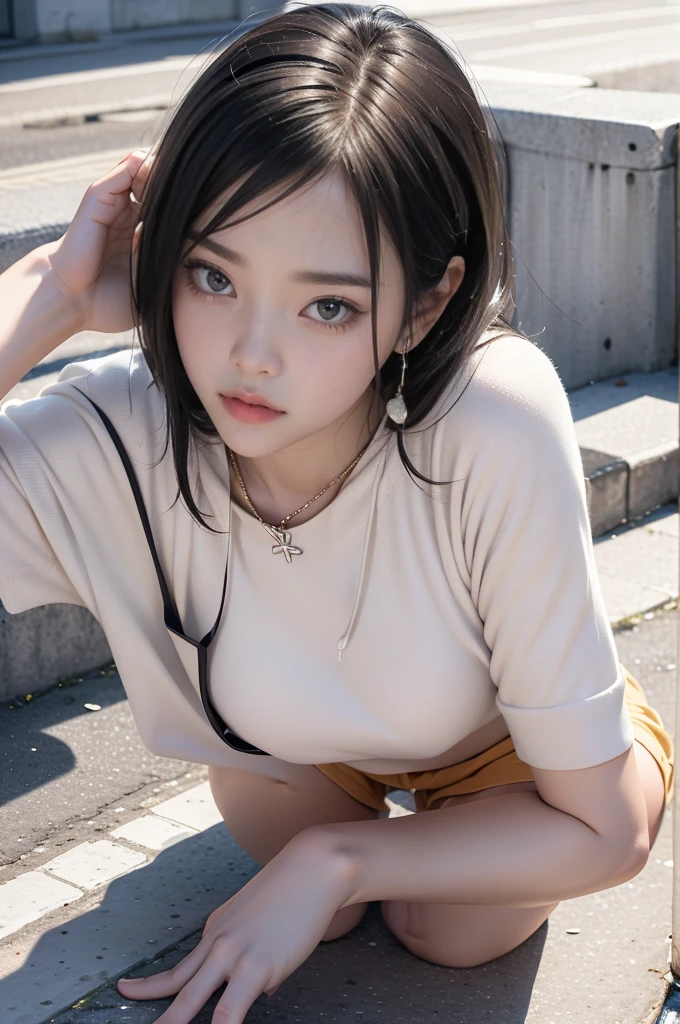 Top image quality、Raw photography、超A high resolution、18 year old cute face woman、Shooting for one person only、urban style, urban posing, ultra realistic, round breast、yellow jumper hoodie、oversize hoodie, ((short trousers: 1.2)) 、cyberpunk backpack, Beautiful Eyes of Details、very elongated eyes、Beautiful eyelashes、Beautiful double eyelids、Beautiful waist、very slender legs、ultra realistic the pores skin, medium long hair with light black hair、detail on facial pores, very slender physique, (clear sky:1.3), shoot in low angel (dynamic low angle: 1.4), ((full body: 1.3)) Madly detailed photo、lighting from side, dramatic side lighting, Ultra-realistic light、Woman with shiny black hair、perfect hand, Heart in the eye。odd eye, full body Esbian,Blur the background with a sickle,((masutepiece)), ((Best Quality))Wallpapers 16K, .Blur the background with a sickle , BREAK,((masterpiece)), ((Best Quality)), epic (Lige Fries Photography、sony a7、12 millimeters、wide angel dynamic potrait, pores:1.5、Farbe、ultra-detailliert:1.5、film grains:1.4、hyper realisitic:1.5)、octan render、(Pulitzer Prize for Best Photography、Taylor Wessing Award for Best Photography), mystical colors, romantic depth of field urban_dance, , Background with mystical dark ((ancient city:1.2), 3d reslistic