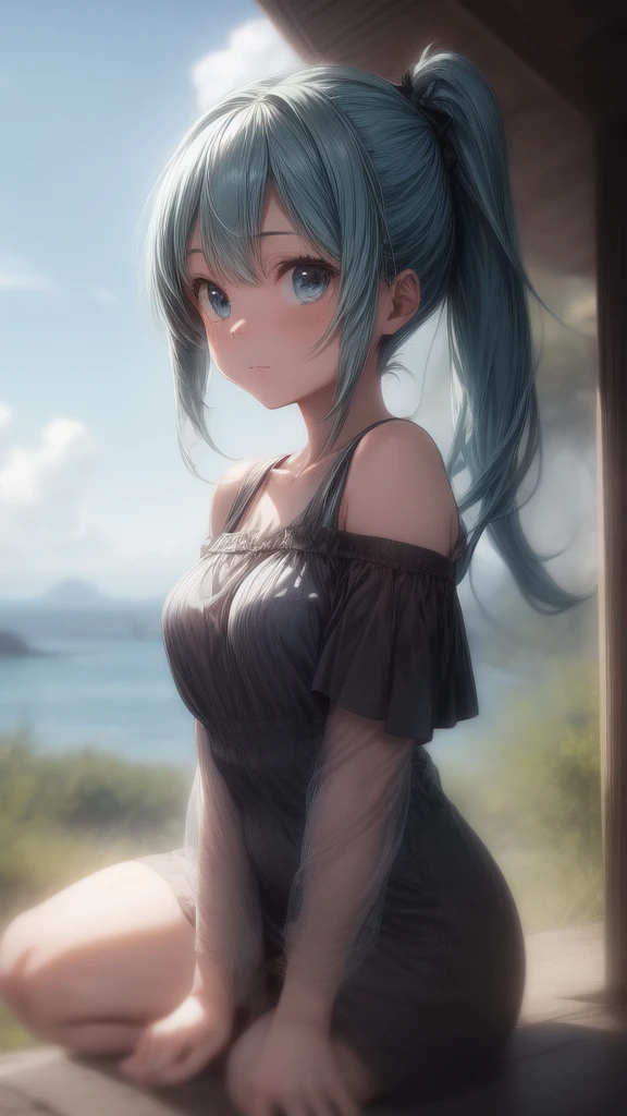 Hatsune Miku wearing a white one-piece dress with an off-the-shoulder look, sitting in nature with a blue sky in the background, in the style of Makoto Shinkai。