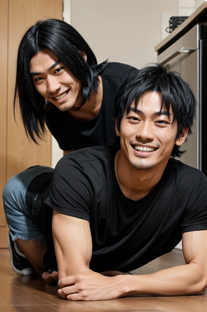 A Japanese men with black hair and tite black t-shirt with scary smile looking at the floor. He had a skare on his mouth.