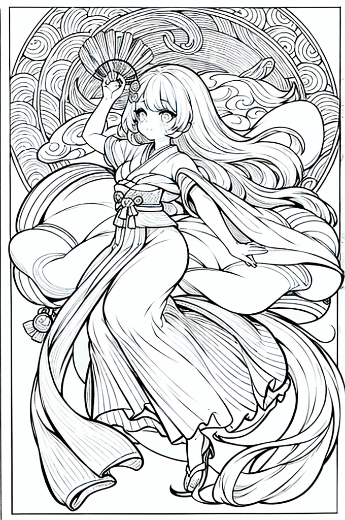 As a coloring book, the color should be black and white, the border should be simple, clear, and bold. A graceful Asian girl with elegant movements is performing a traditional Japanese dance in a grand [Kabuki theater]. She is wearing an exquisite [kimono with crane pattern], the flowing silk fabric accentuating her graceful movements. The girl's face is painted with delicate makeup, and her hair is adorned with an elaborate [hair ornament]. The intricate details of the kimono and the theater setting provide for the coloring book illustration.