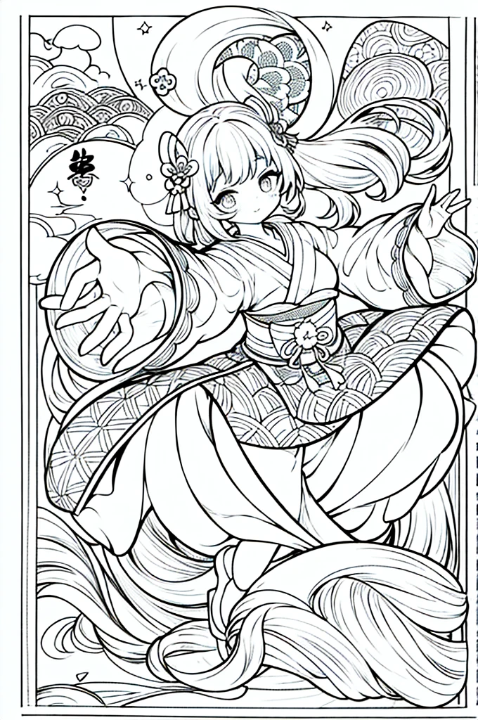 As a coloring book, the color should be black and white, the border should be simple, clear, and bold. A graceful Asian girl with elegant movements is performing a traditional Japanese dance in a grand [Kabuki theater]. She is wearing an exquisite [kimono with crane pattern], the flowing silk fabric accentuating her graceful movements. The girl's face is painted with delicate makeup, and her hair is adorned with an elaborate [hair ornament]. The intricate details of the kimono and the theater setting provide for the coloring book illustration.