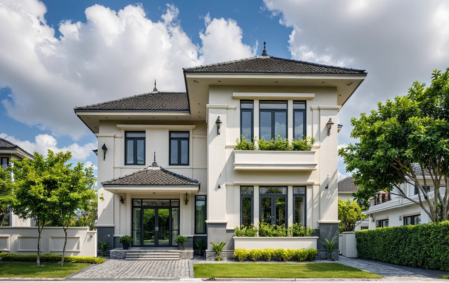 Masterpiece, high quality, best quality, authentic, super detail, outdoors, onestoreyvillaXL, aiaigroup, house style modern on the street ,stairs, white wall ,road,pavement, grass, trees, sky, cloud, (daylight:1.1)