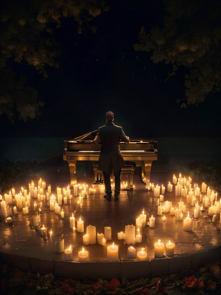 there is a man sitting on a bench surrounded by candles, album art, standing on top of a piano, lit with candles, amazing composition, dramatic candlelight, pianist, unimaginable composition, in a room full of candles, room full of candles, unreal engine ; romantic theme, candlelit, photoreal epic composition, romantic atmosphere, promo art, masterful composition!!!