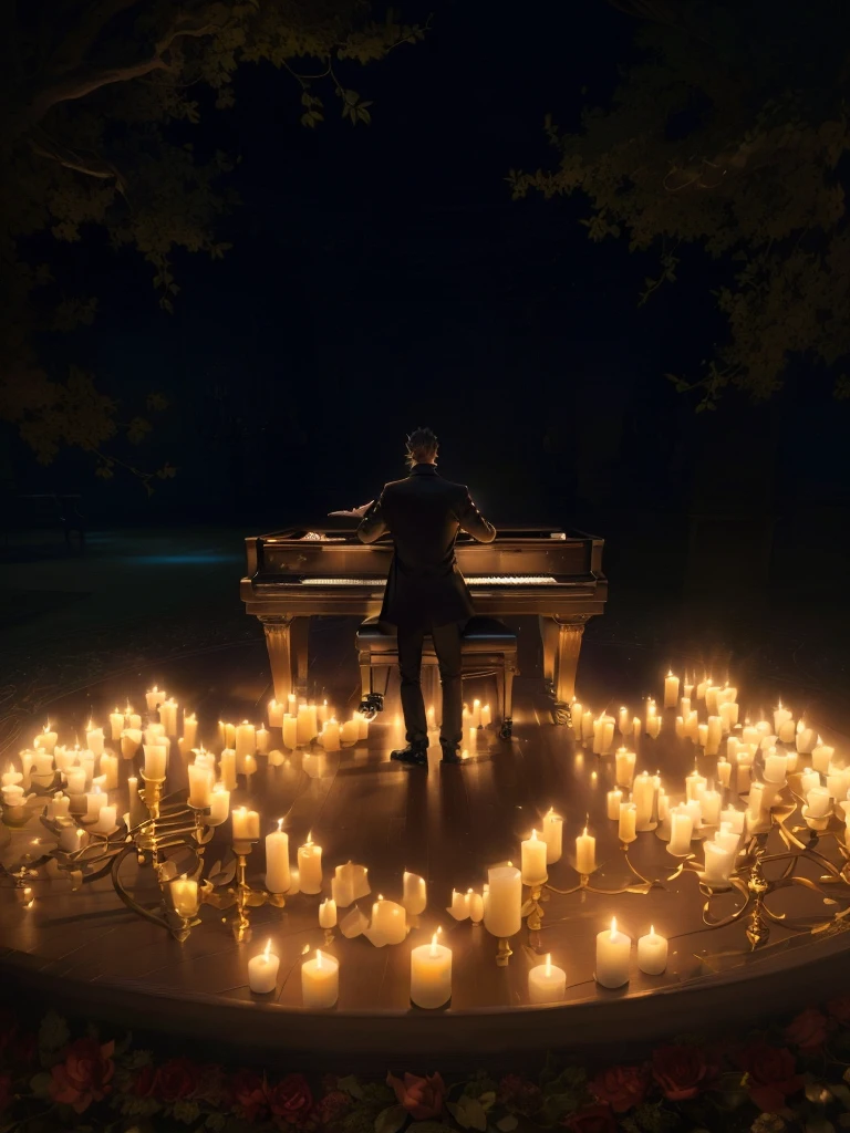 there is a man sitting on a bench surrounded by candles, album art, standing on top of a piano, lit with candles, amazing composition, dramatic candlelight, pianist, unimaginable composition, in a room full of candles, room full of candles, unreal engine ; romantic theme, candlelit, photoreal epic composition, romantic atmosphere, promo art, masterful composition!!!