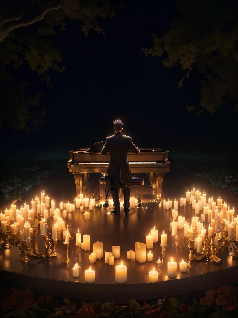 there is a man sitting on a bench surrounded by candles, album art, standing on top of a piano, lit with candles, amazing composition, dramatic candlelight, pianist, unimaginable composition, in a room full of candles, room full of candles, unreal engine ; romantic theme, candlelit, photoreal epic composition, romantic atmosphere, promo art, masterful composition!!!