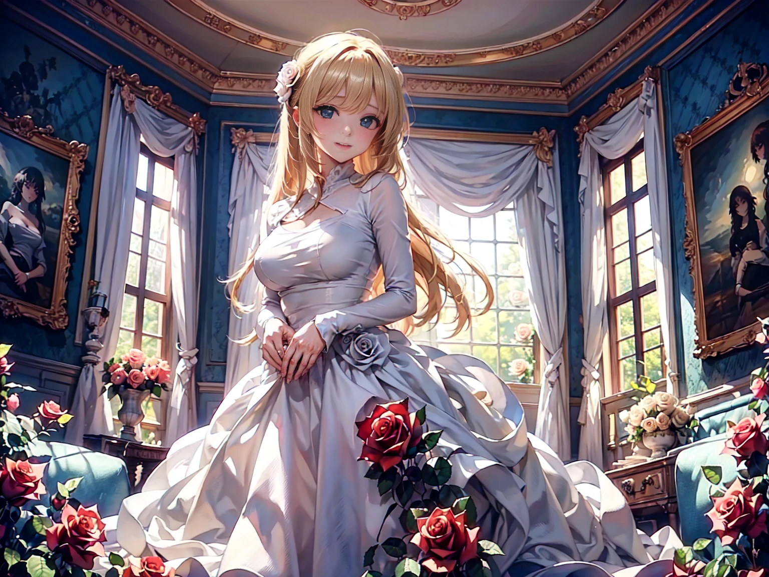 ,Super detailed,Beautiful attention to detail,girl with beautiful eyes, everyone, Beautiful Anime Girls, Cute Anime Girl, Anime Style, Elegant colors, Soft lighting, Delicate and beautiful wet eyes, Very coquettish, (Beautiful big breasts:1.2), (The right move:1.2),(Highest quality)), ((masterpiece)), ((Super detailed)), (Very delicate and beautiful),(Rose fractal art:1.5),Beautiful girl, Fine grain,Abstract and mysterious girl, Long blonde hair,Pink Dress, Dreamy swirls of pastel colors and soft light, Evokes a sense of serene serenity and elusive beauty,Attention to detail,Captivating smile,Imaginative,In a room with flowers,Cowboy Shot