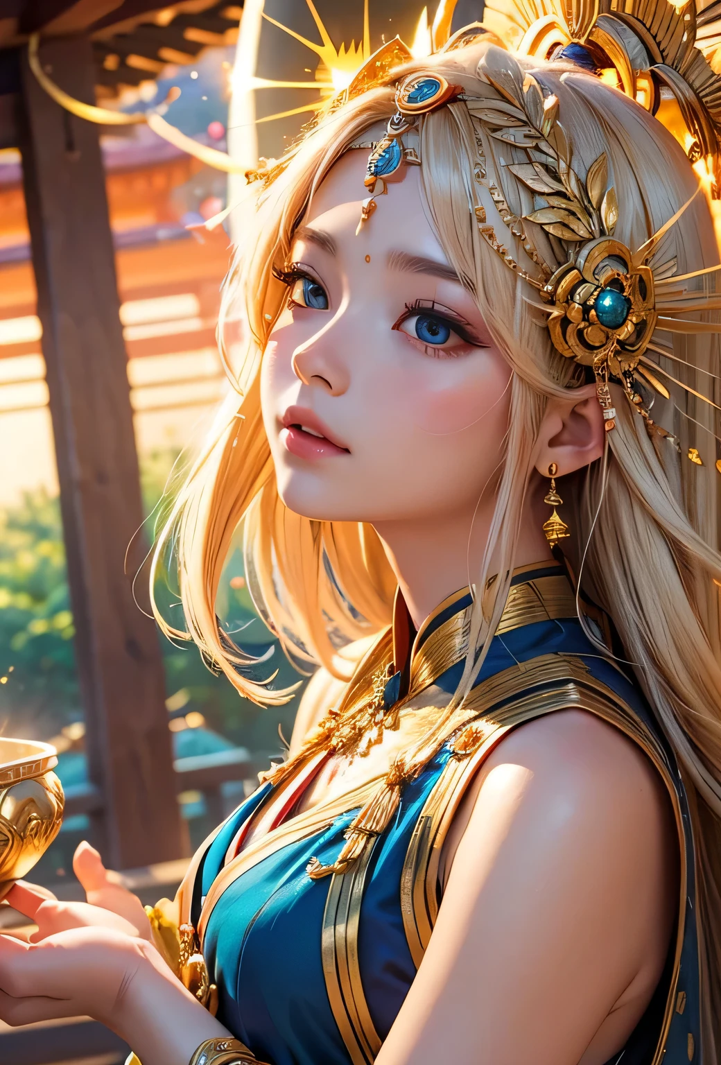 "Child of the Sun, Goddess of Love": Within a sacred sanctuary bathed in sunlight, depict the figure of a sun goddess who governs love, facing forward and emanating divine radiance. She is a , around 3 years old. Zoom in to focus on her face, with a gleaming orb of light in her hands, representing the life-giving power of the sun. Her hair is shimmering gold, and she is wearing a traditional miko outfit as seen in Japanese shrines. The background should be predominantly gold, evoking a sense of divine splendor, with numerous heart-themed objects expressing the beauty of love. The setting is in heaven, enveloped in soft, bright light, where one can find tranquility and peace of mind, free from any trace of anxiety.Straight-on.