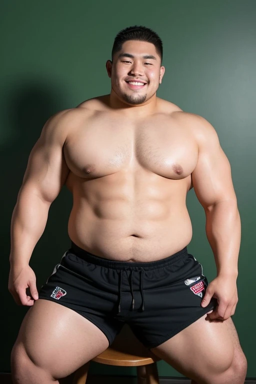 ((highest quality)), ((masterpiece)), (detailed), ((Perfect Face)), 4k, Shaved head, Young Japanese, Muscular, Fat body, Very big man, smile, ((showing off crotch))A large Japanese man topless、whole body、Rugby last week、Thick legs、Thick arm muscles、Intimidating、whole body、wearing a very tight black shorts