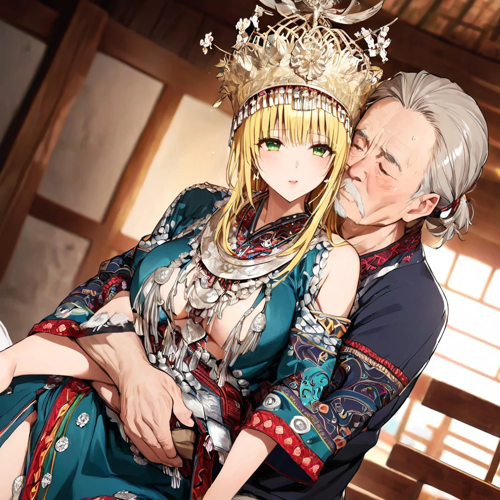 ((Highest quality)), ((masterpiece)), (detailed), （Perfect Face）、The woman is a Tier, with green eyes, medium blonde hair, ethnic medicine and a gorgeous hat.、In the bedroom, the woman embraces an old man dressed in ethnic clothing, kisses him deeply, and has sex.、The whole body is in the frame