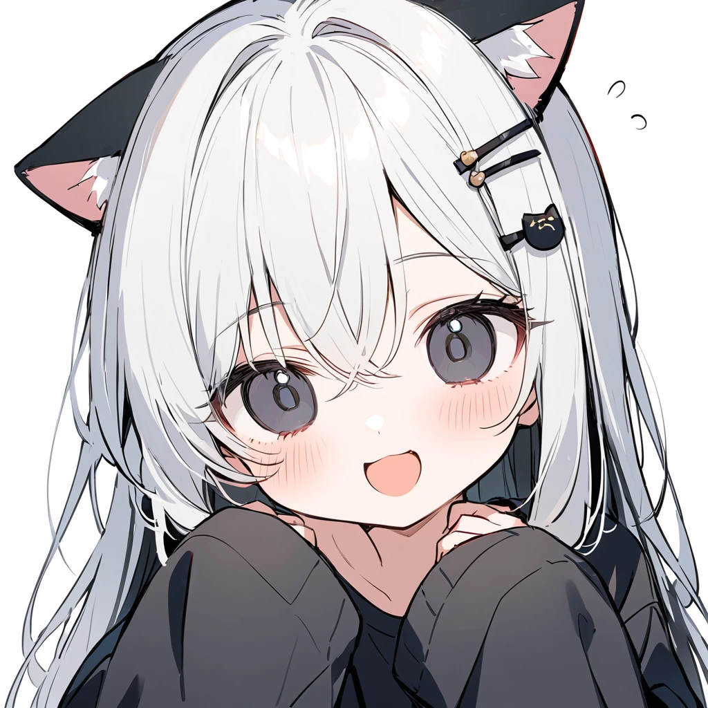 long hair, White hair, black inner hair, open mouth, smile, flustered, Illustration where the pupil does not overlap the lower lash line, The lower half of the eye is white, vacant eyes, black eyes, oversized clothes, sleeves past wrists, , black cardigan, black ribbon, piercing, stuffed animal, White background, 1girl, cat ear，solo, hairpin，Take a picture herself