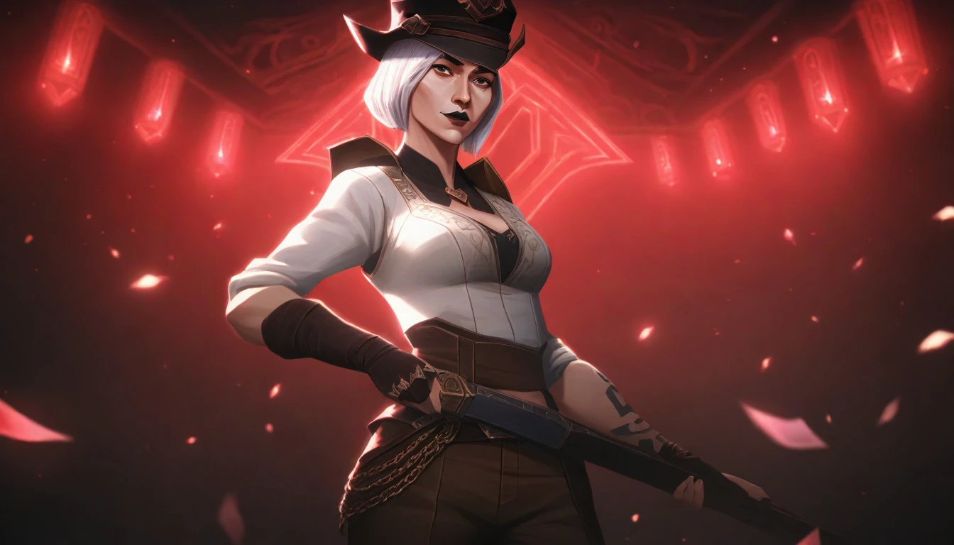 score_9, score_8_up, score_7_up, score_6_up, score_5_up, score_4_up, BREAK arcane, best aesthetic, artstation, solo, 1girl, Asian female, cowgirl outfit, cleavage, cowboy hat, white shirt, brown pants, tattoos, bob cut, white hair, black lipstick, lovely, masterpiece. detailed background, red lighting, rim lights, bokeh, lovely
