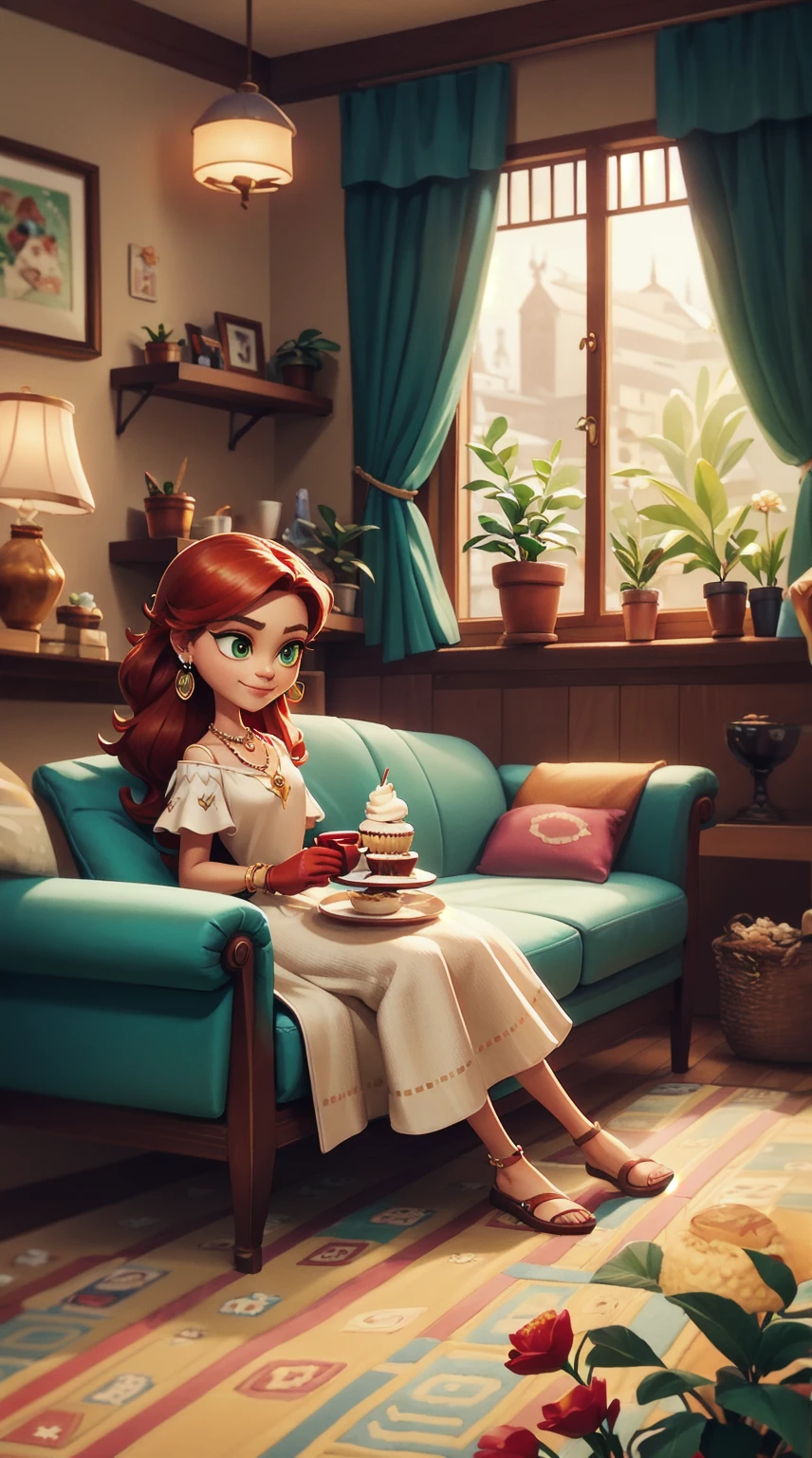 Concept Art,character illustration of a,European and American cartoons,(whole body:1.5),Mid-Long View,carpet,(Puppy lying on the floor),shoe,一个20岁的金发女生悠闲的sit在living room,Holding a cup of coffee,A laid-back expression,Relax,Leisure,European and American cartoons,1 Girl,freckle,Solitary,Jewelry,Green Eyes,Weaving,earrings,twin Weavings,necklace,Looking at the audience,Red hair,plant,Puff sleeves,bracelet,Smile,Long hair,puffy short sleeve,Necklace,dress,flower,Coffee cup,Gloves,earrings,Jewelry,肘部Gloves,cup,,sit,sofa,window,cake,小cake,sofa,living room,solo