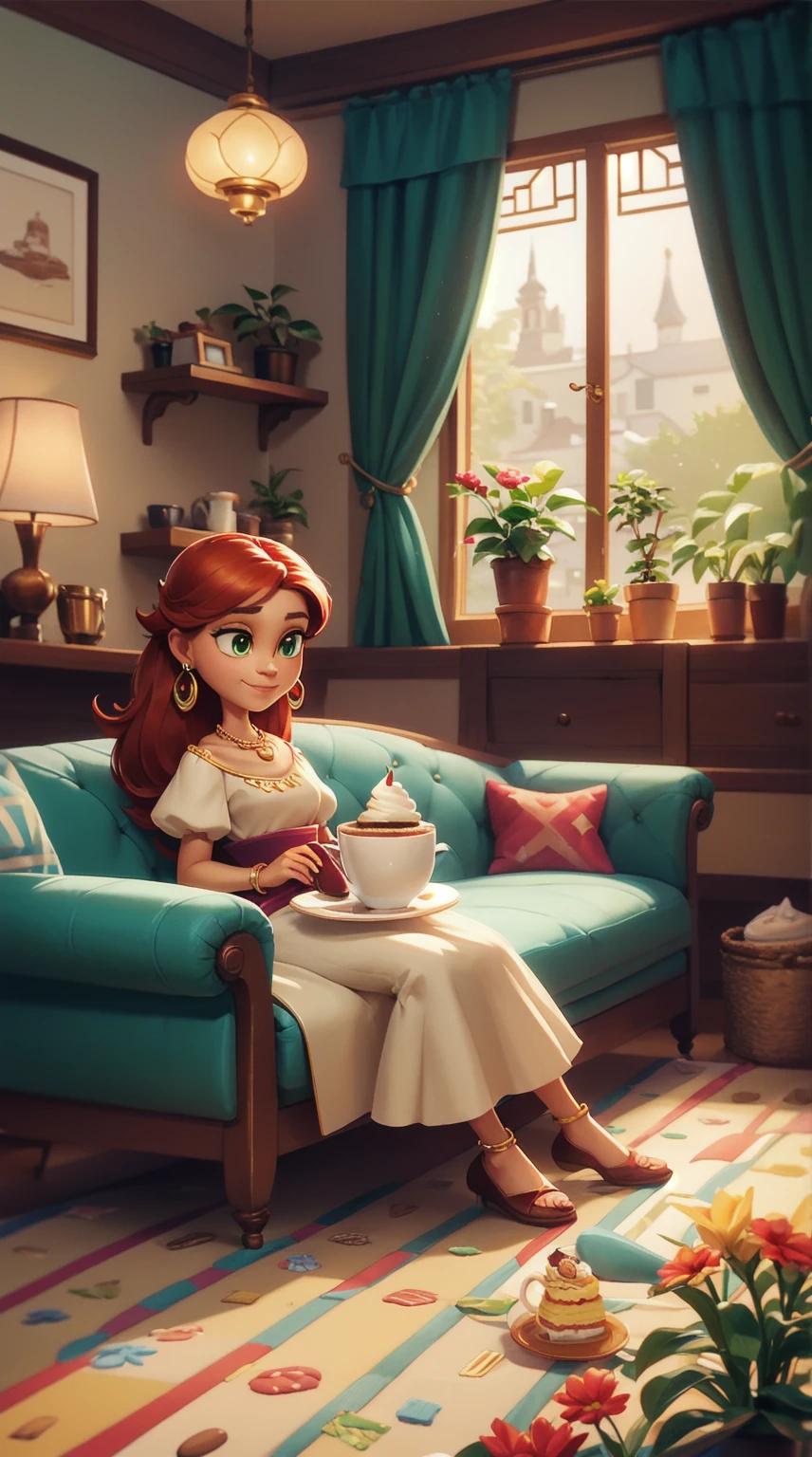 Concept Art,character illustration of a,European and American cartoons,(whole body:1.5),Mid-Long View,carpet,(Puppy lying on the floor),shoe,一个20岁的金发女生悠闲的sit在living room,Holding a cup of coffee,A laid-back expression,Relax,Leisure,European and American cartoons,1 Girl,freckle,Solitary,Jewelry,Green Eyes,Weaving,earrings,twin Weavings,necklace,Looking at the audience,Red hair,plant,Puff sleeves,bracelet,Smile,Long hair,puffy short sleeve,Necklace,dress,flower,Coffee cup,Gloves,earrings,Jewelry,肘部Gloves,cup,,sit,sofa,window,cake,小cake,sofa,living room,solo