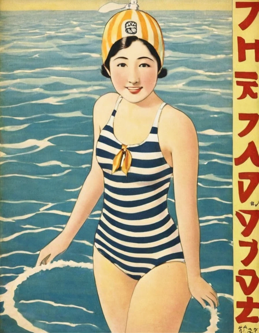 (((1920s Japanese poster)))),Swimming in the sea,Japanese woman,(Japanese pompadour:1.3),narrow eyes,Expressionless,stripe pattern School swimsuit,((she is round face))