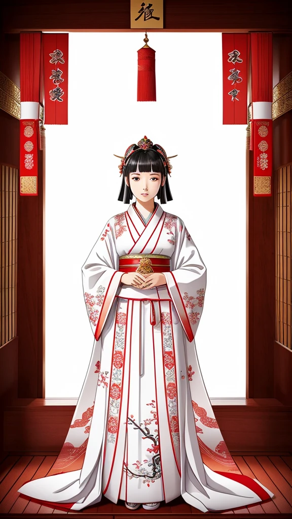 A detailed illustration of Himiko, the 3rd century queen of Yamataikoku in Japan。She reflects status and mystical powers.、Wearing traditional ceremonial clothing with elaborate patterns and decorations。flowing robe、Decorated head ornament、Wearing ceremonial jewelry。Background、shrine、torii、Or includes elements of ancient Japan such as jungle、Depicts tranquil and mysterious natural settings。Her expression is calm and dignified.、Represents wisdom and authority。White clothes。