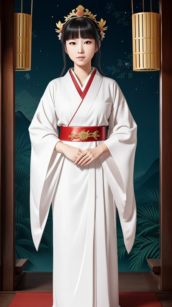 A detailed illustration of Himiko, the 3rd century queen of Yamataikoku in Japan。She reflects status and mystical powers.、Wearing traditional ceremonial clothing with elaborate patterns and decorations。flowing robe、Decorated head ornament、Wearing ceremonial jewelry。Background、shrine、torii、Or includes elements of ancient Japan such as jungle、Depicts tranquil and mysterious natural settings。Her expression is calm and dignified.、Represents wisdom and authority。White clothes。