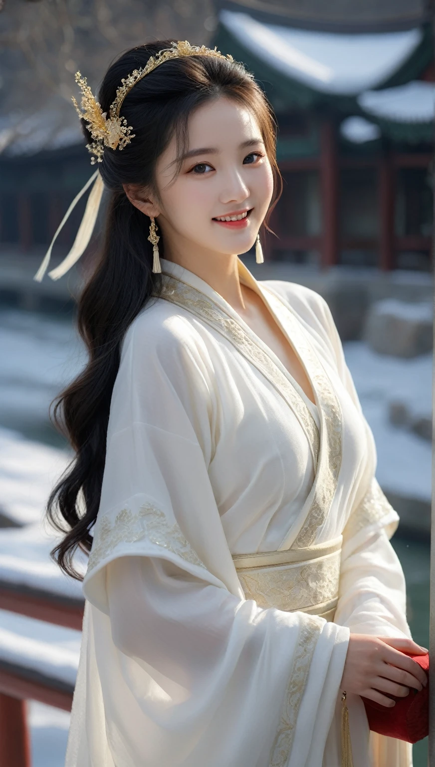 beautiful Korean woman, (((Mikamaria))),
Realistic,Masterpiece,18 - year - old ,in (pure white:1.5) dress, winter,Snow, I saw a girl (stand:1.5) at the back of the traditional Chinese boat, with her long hair cascading over her shoulders, dressed in a (white:1.5) dress and adorned with a golden headband on her hair, which shone even more brilliantly in the snow. Her attire was like that of a fairy woman. she was only around 15 or 16 years old, with skin as white as snow, delicate and beautiful beyond words. (photo realistic: 1.3) , Edge lighting, (high-detail skin: 1.2) , 8K ultra-hd, DSLR, high quality, high resolution, 8K,winter hanfu, fur collar,(looking_at_viewer),smile, light master,32k UHD,chinese girls,full_body,dynamic angle,