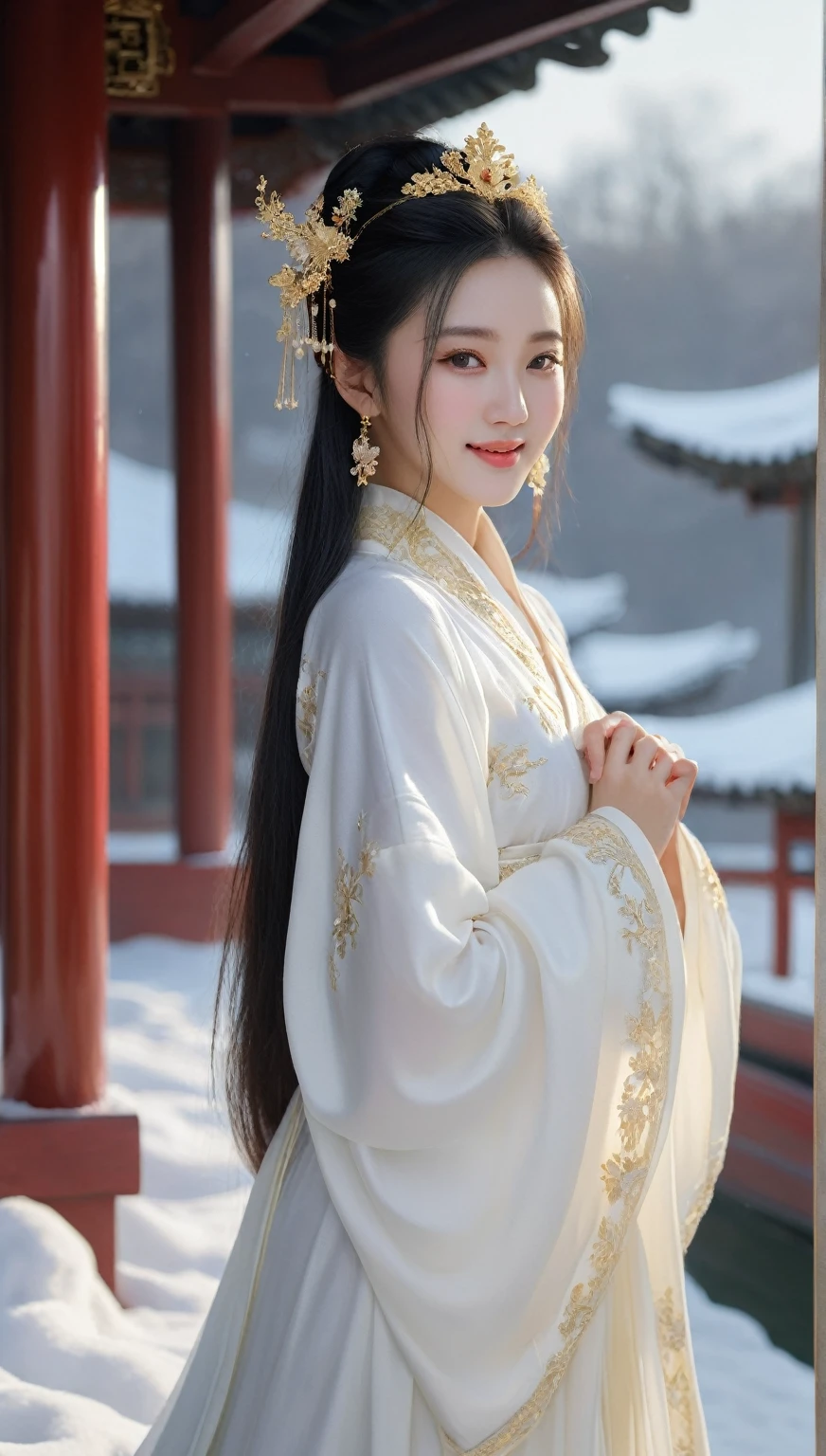 beautiful Korean woman, (((Mikamaria))),
Realistic,Masterpiece,18 - year - old ,in (pure white:1.5) dress, winter,Snow, I saw a girl (stand:1.5) at the back of the traditional Chinese boat, with her long hair cascading over her shoulders, dressed in a (white:1.5) dress and adorned with a golden headband on her hair, which shone even more brilliantly in the snow. Her attire was like that of a fairy woman. she was only around  or 16with skin as white as snow, delicate and beautiful beyond words. (photo realistic: 1.3) , Edge lighting, (high-detail skin: 1.2) , 8K ultra-hd, DSLR, high quality, high resolution, 8K,winter hanfu, fur collar,(looking_at_viewer),smile, light master,32k UHD,chinese girls,full_body,dynamic angle,