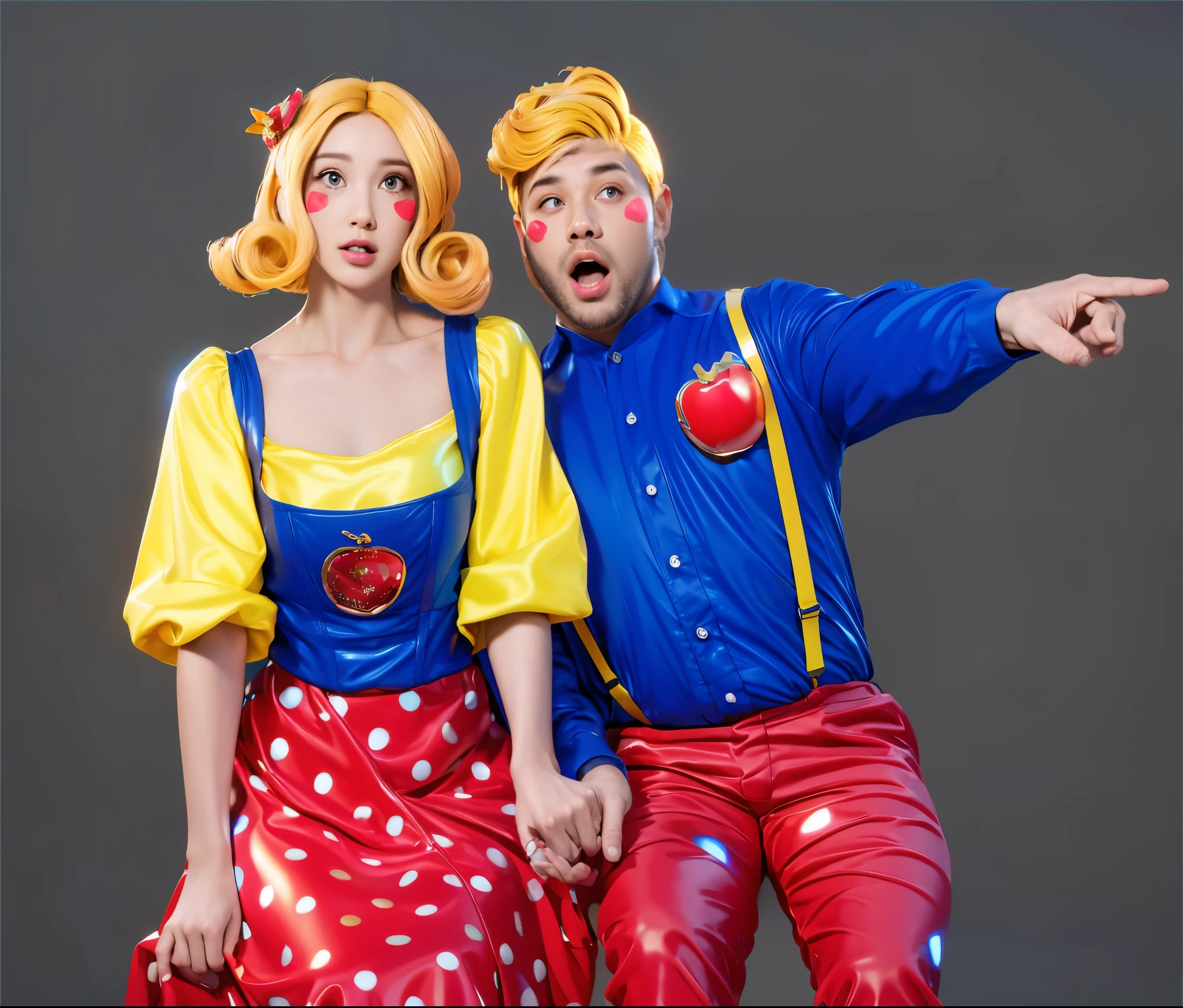 The image features a couple, both dressed in costumes representing the characters of Snow White and the Seven Dwarfs, standing against a black background. 3d style, simplified design, 3d render, glossy texture, smooth 3d model, multiple light sources, rim light, sharp post effects render, (glossy plastic texture with multiple big light probe refractions), perfect cgi, smooth silhouette, high intensity refraction, (super glossy material), most beautiful vfx , blue background, plastic refractions, realistic, 4k, high resolution, rim light, photo shoot, commercial photo, profile shot, 4k, rim light, high resolution, 4k, glossy texture, smooth 3d model, multiple light sources, rim light, sharp post effects render, (glossy metallic texture with multiple big light probe refractions), perfect cgi, cgi art created only with gradients, smooth silhouette, high intensity refraction, (super glossy chrome material), most beautiful vfx, blue background, chrome metal refractions, multiple light sources, rim light, sharp post effects render, perfect cgi, digital art, detailed digital art, reflective, best quality, 4k, masterpiece:1.2, ultra-detailed, realistic, vivid colors, dark and moody lighting, The image of the highest quality, ensuring every detail is showcased perfectly. It in 4k resolution, allowing viewers to immerse themselves in the richness of the colors and intricate details. The realistic rendering. under the spotlight, reflecting, high-resolution image, realistic rendering, dark background, and rim light photorealistic