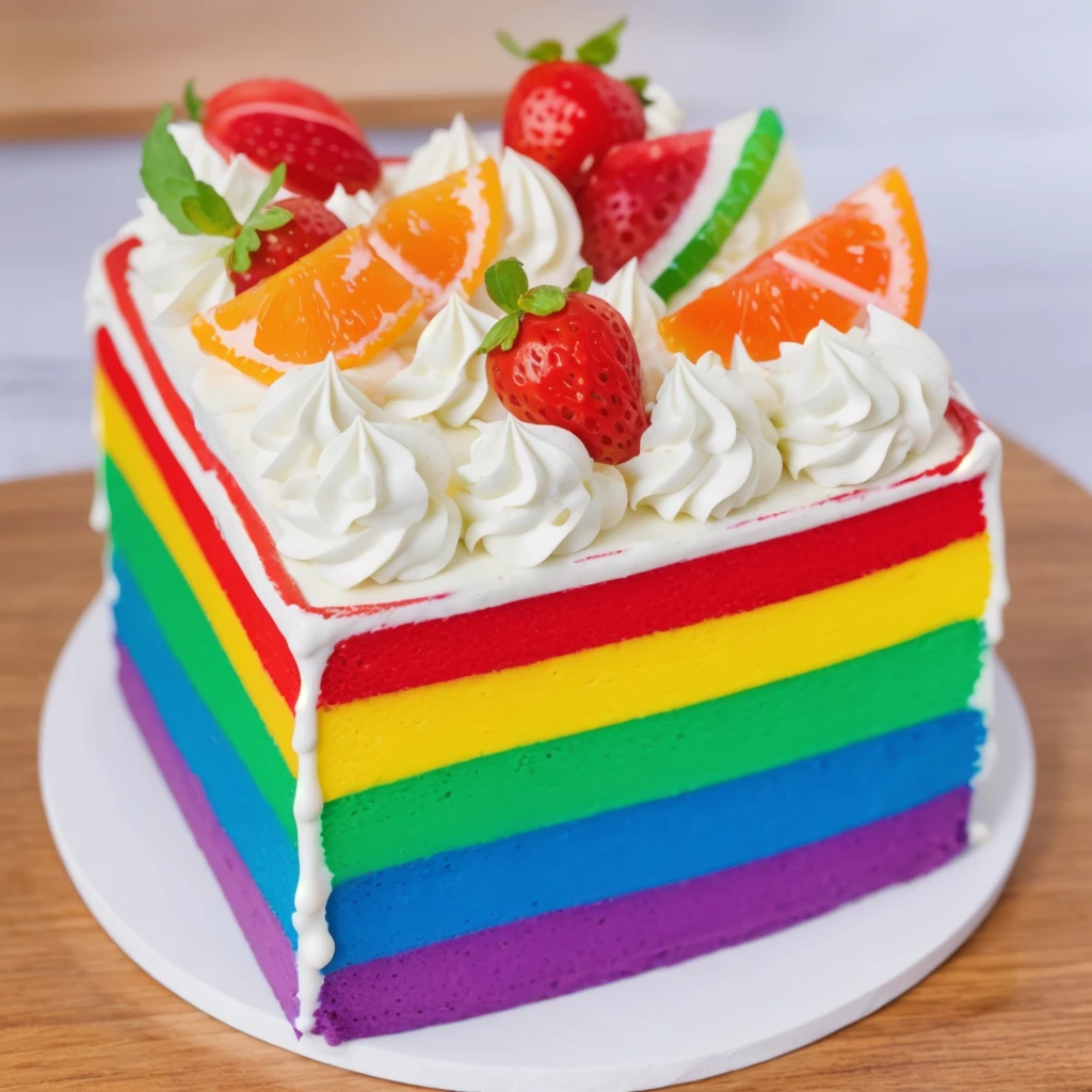 on a wooden table, on a porcelain plate, a tiny cream rainbow cake, with cream lines drawn on its edges, white cream swirls, tiny strawberries, oranges and watermelon slices made of polymer clay on the cake, window light, bright lights, soft light, window light, professional lighting, light from the window, neat light, realistic texture, realistic style, detailed texture, high quality, high resolution, high quality rendering, realistic photo, brightning light, macro photo