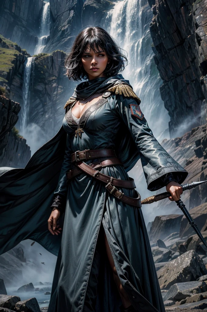 MariaCalavera, dark skin, black hair, short hair, silver eyes, dress, cleavage, cape, belts, hood, cowboy shot, (dynamic pose), standing in field in valley, BREAK mountains in background, waterfall, crowd, (crowd in military uniform), (volumetric lighting), intricate details, tonemapping, sharp focus, hyper detailed