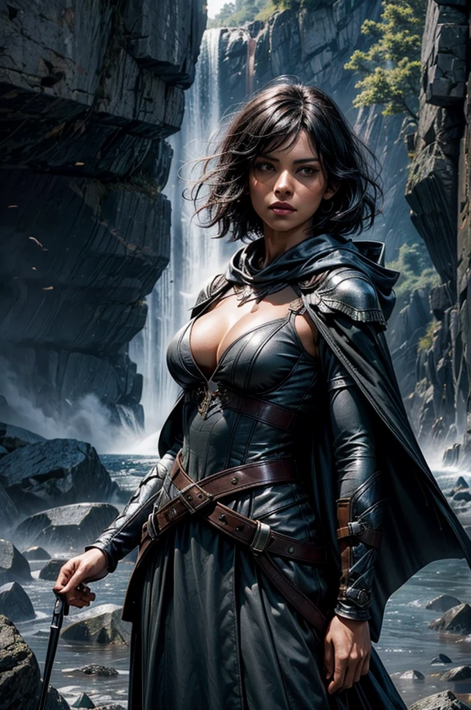 MariaCalavera, dark skin, black hair, short hair, silver eyes, dress, cleavage, cape, belts, hood, cowboy shot, (dynamic pose), sitting in field in valley, BREAK mountains in background, waterfall, crowd, (crowd in military uniform), (volumetric lighting), intricate details, tonemapping, sharp focus, hyper detailed 