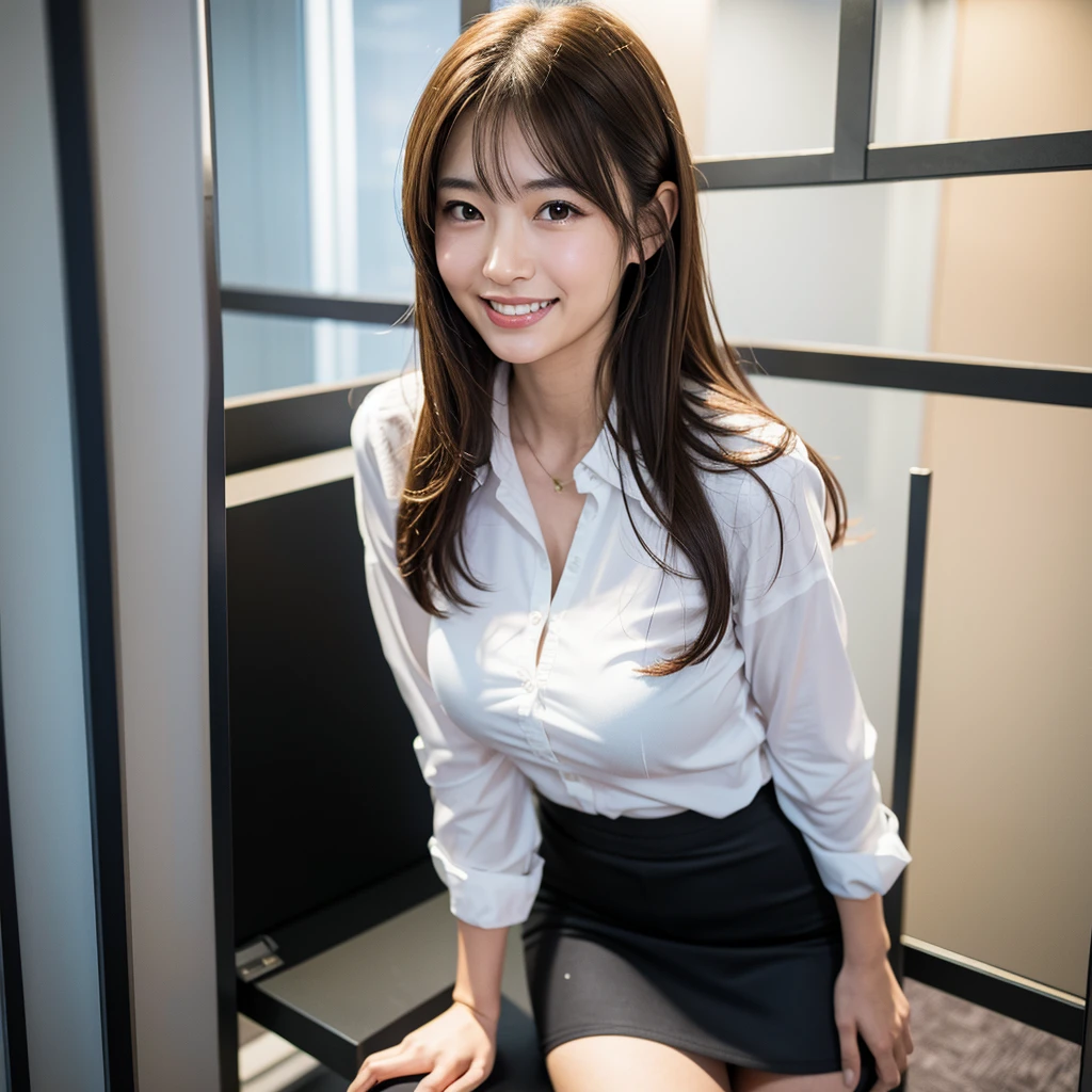 Highest quality,a girl, one girl,solo focus,raw photo,Very detailed,bloom,4K,8K,Realistic,full body,Japanese women,一人のJapanese women,Age 25,Clear,kind,Beautiful eyes,lomg brown hair,smile,smile,teeth,Small large breasts,healthy,positive,Office Style,Tight Skirt,evening,After work,office Street,one girl