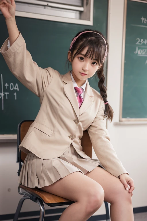 , cute, kawaii, French braid, beautiful eyes, sad face,(beige blazer: 1.2), (gray pleats skirt: 1.3), (pink tie), (school: 1.5), (sitting with legs extended on the chair: 1.2), pantyshot,white panties,(school chair: 1.3), from below, (only left foot raised in the air: 1.2) BREAK (girl with only one foot without shoes)