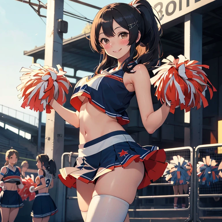 oyashio,hairclip,ponytail,
,(masterpiece:1.4),(best quality:1.4), (amazing), (great illustration:1.4), (ultra-detailed:1.4), (art CG, 8K),
(blush:1.4),(smile:1.4),(cheerleader:1.4),1girl,solo,(full body:1.4),underboob