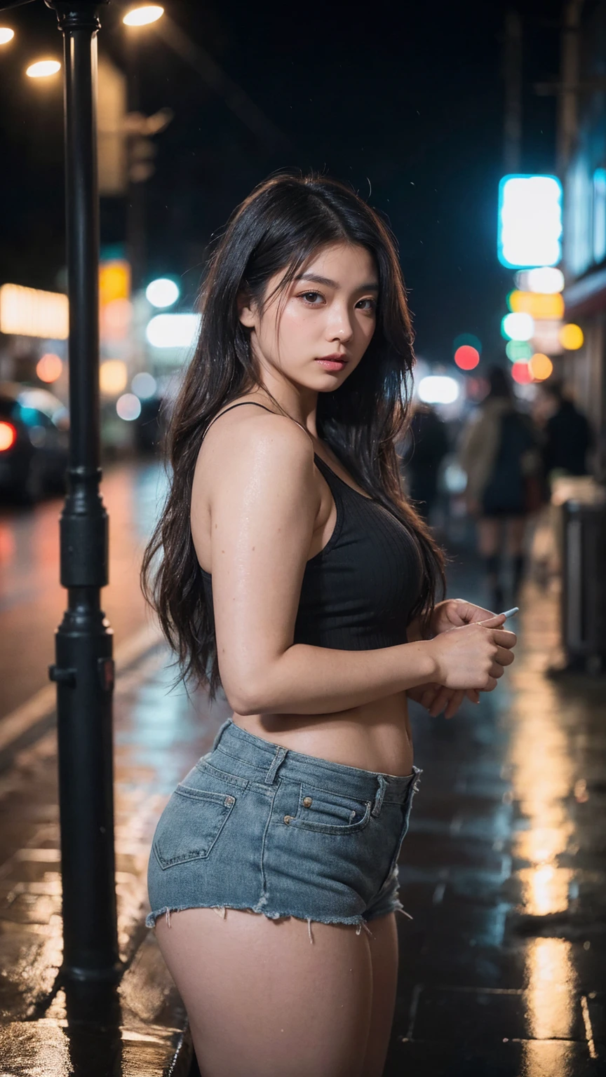 1girl,solo,long hair,Rough skin,(looking at viewer:1.2),wet hair,micro_shorts,dark,polaroid,(depth_of_field:1.5),rainy days,outdoors,street,hair between eyes,moody lighting,Tyndall effect,Cinematic Lighting,night,lamppost,lens flare,available light,rim light,glowing neon lights,curvy,chinese_style,