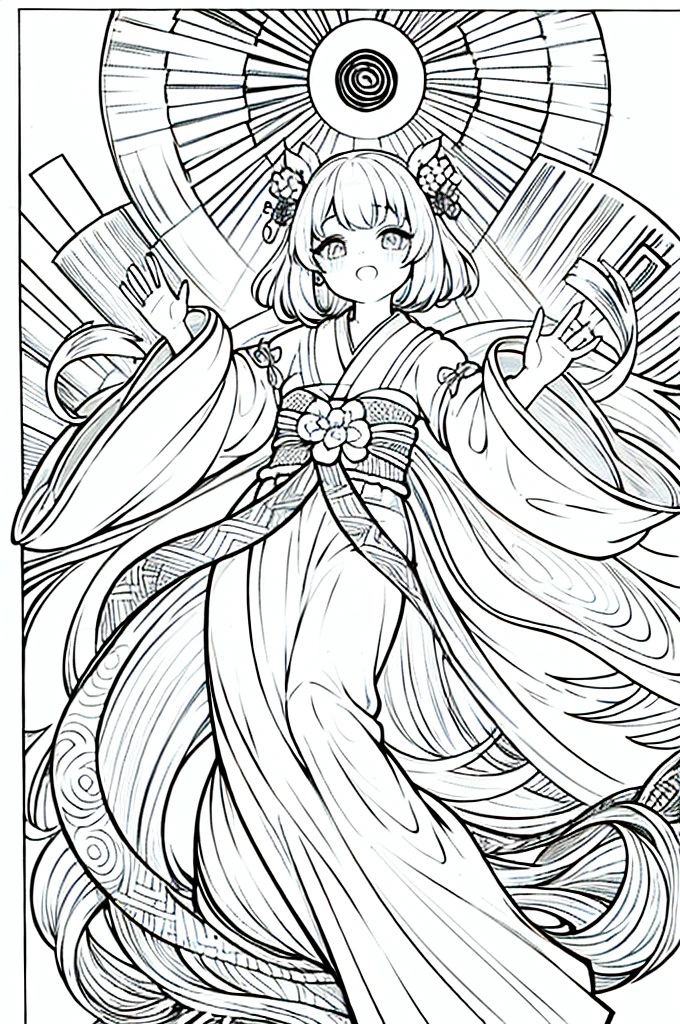 As a coloring book, the color should be black and white, the border should be simple, clear, and bold. A graceful Asian girl with elegant movements is performing a traditional Japanese dance in a grand [Kabuki theater]. She is wearing an exquisite [kimono with crane pattern], the flowing silk fabric accentuating her graceful movements. The girl's face is painted with delicate makeup, and her hair is adorned with an elaborate [hair ornament]. The intricate details of the kimono and the theater setting provide for the coloring book illustration.