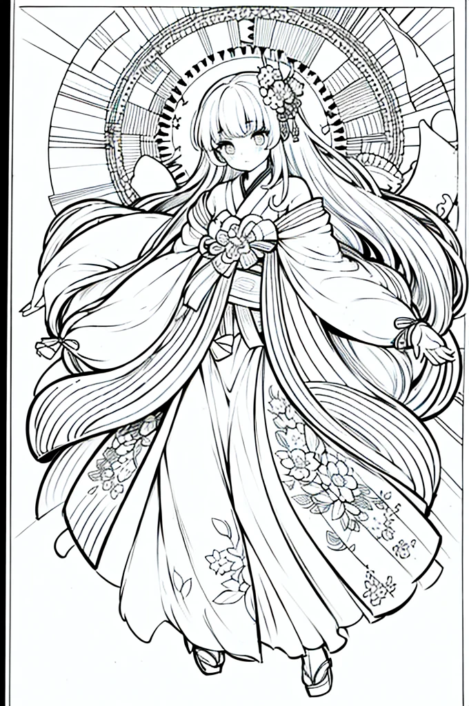 As a coloring book, the color should be black and white, the border should be simple, clear, and bold. A graceful Asian girl with elegant movements is performing a traditional Japanese dance in a grand [Kabuki theater]. She is wearing an exquisite [kimono with crane pattern], the flowing silk fabric accentuating her graceful movements. The girl's face is painted with delicate makeup, and her hair is adorned with an elaborate [hair ornament]. The intricate details of the kimono and the theater setting provide for the coloring book illustration.