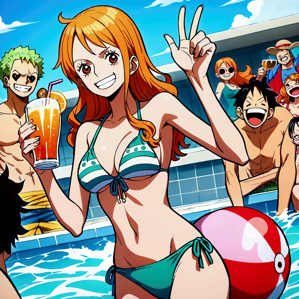 (Pool Party), swimsuit crowd boys, young people having fun at a pool, one girl among many men, Nami \(One Piece\), orange hair, long hair, brown eyes, swept bangs, bikini, grin, looking at viewer), Sanji \(One Piece\) with heart shaped eyes, Monkey D. Luffy \(One Piece\) eating meat by the pool side, Roronoa Zoro \(One Piece\) drinks beer by the pool side, everyone enjoys partying, multi pose, water splashing, best quality, masterpiece, high quality, extremely detailed CG unity 8k wallpaper, good anatomy, enjoy and be pleased, big beach balls, cowboy shot, glass of cocktail,