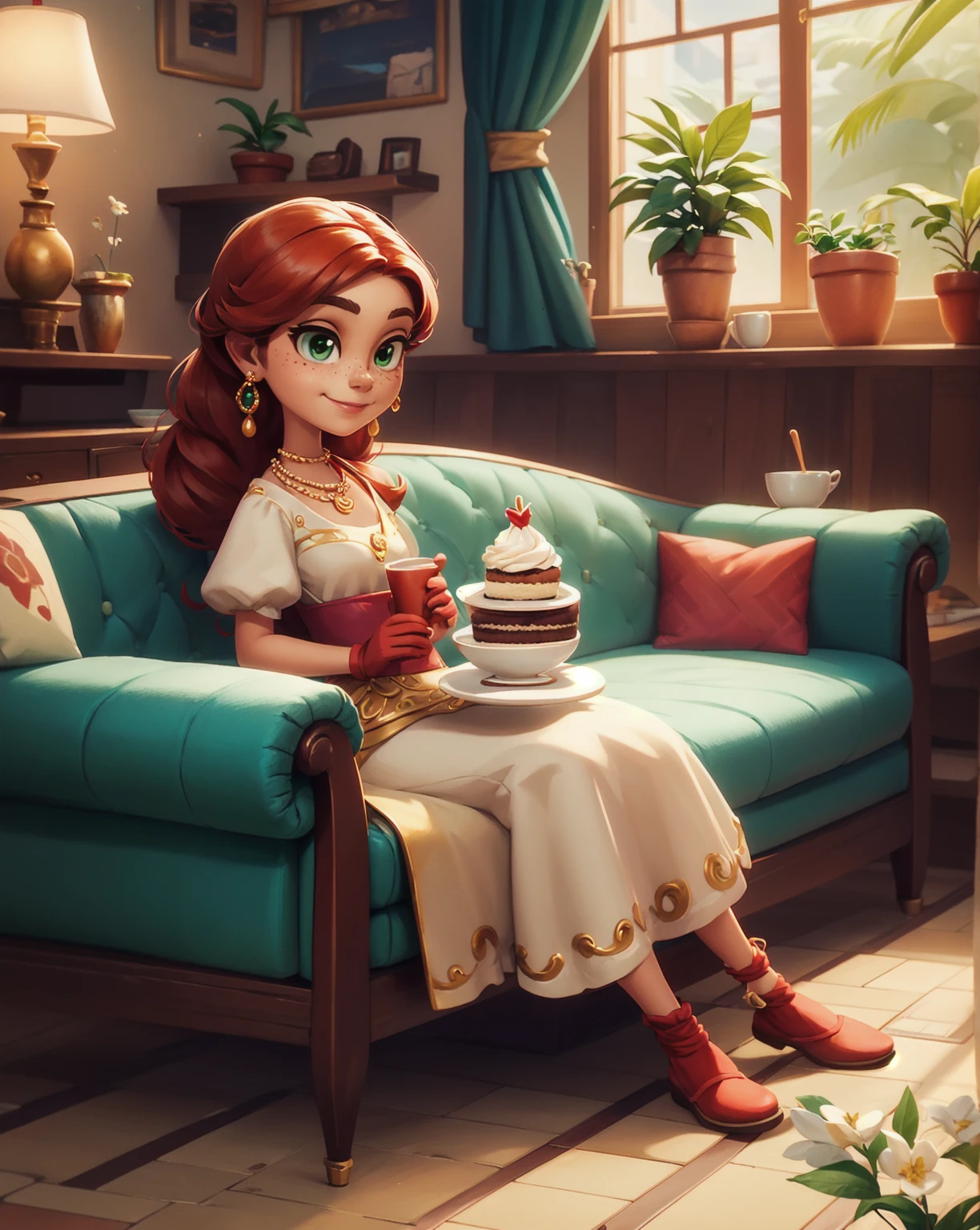 Concept Art,character illustration of a,European and American cartoons,（whole body：1.5），Mid-Long View，carpet，（Puppy lying on the floor），shoe，一个20岁的金发女生悠闲的sit在living room，Holding a cup of coffee，A laid-back expression，Relax，Leisure，European and American cartoons，1 Girl,freckle,Solitary,Jewelry,Green Eyes,Weaving,earrings,twin Weavings,necklace,Looking at the audience,Red hair,plant,Puff sleeves,bracelet,Smile,Long hair,puffy short sleeve,Necklace,dress，flower，Coffee cup，Gloves，earrings，Jewelry，肘部Gloves，cup，，sit，sofa，window，cake，小cake，sofa，living room，solo