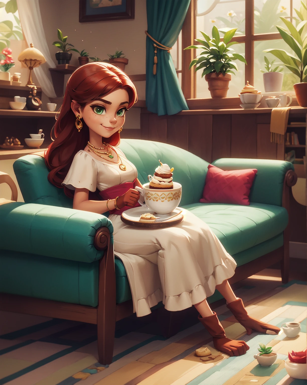 Concept Art,character illustration of a,European and American cartoons,(whole body:1.5),Mid-Long View,carpet,(Puppy lying on the floor),shoe,一个20岁的金发女生悠闲的sit在living room,Holding a cup of coffee,A laid-back expression,Relax,Leisure,European and American cartoons,1 Girl,freckle,Solitary,Jewelry,Green Eyes,Weaving,earrings,twin Weavings,necklace,Looking at the audience,Red hair,plant,Puff sleeves,bracelet,Smile,Long hair,puffy short sleeve,Necklace,dress,flower,Coffee cup,Gloves,earrings,Jewelry,肘部Gloves,cup,,sit,sofa,window,cake,小cake,sofa,living room,solo