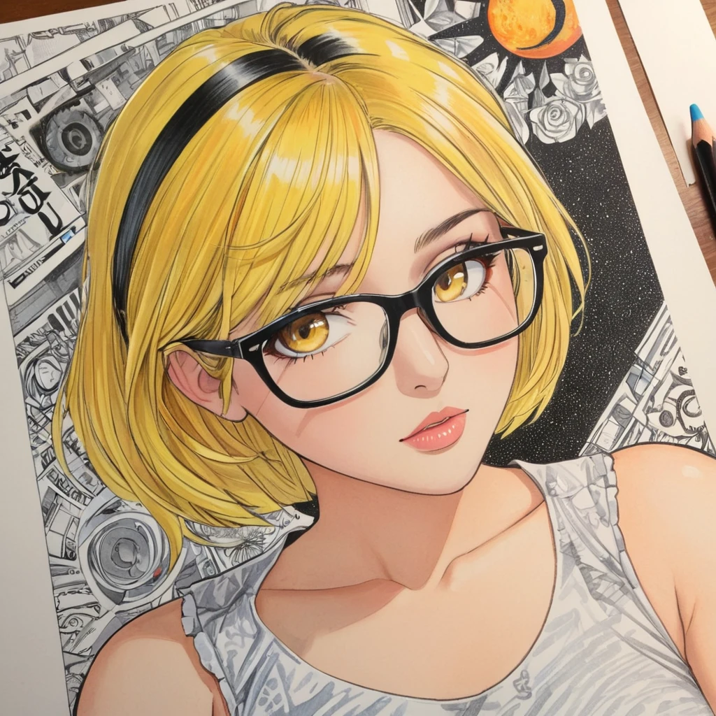  female，dress，white，Art，ad，colour pencil drawing，draft drawing ，comic collage，illustration，Black hair and yellow hair，Wearing glasses，short hair