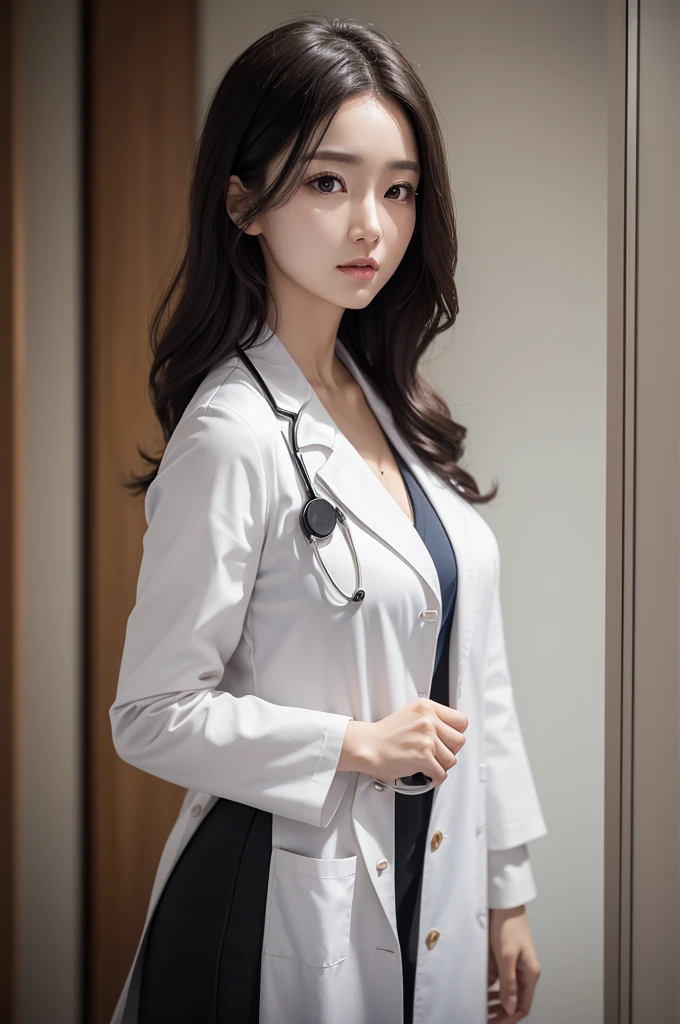 Photorealistic beautiful doctor、stunningly beautiful、doctors white coat, Collared shirt、(top-quality、8K、32K、​masterpiece、nffsw:1.3)、超A high resolution,(Photorealsitic:1.4),Raw photography, Detailed face,,Beautiful hair,real looking skin、 ((Doctor Style)), , Black tight skirt、 Natural makeup,, large full breasts、inside hospital, Detailed background, Perfect Lighting, depth of fields, Beautiful shadow gradient,stethoscope ,