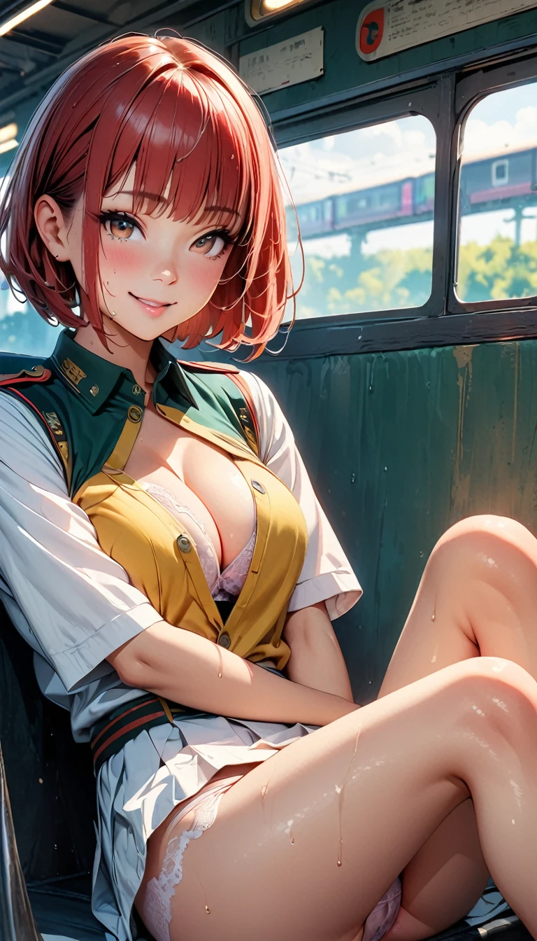  (Highest quality, 8K, 4K, High resolution, masterpiece:1.2), Very detailed, Anime Style:0.9, Realistic, Bright colors, Written boundary depth, Blurred Background,  alone, 1 female, (Red Hair, Short Bob, Cut straight、Straight bangs, Dark brown eyes), Beautiful facial details, Beautiful Eyes, Long eyelashes, Soft lips, (Small face), (smile:1.3), Rear View,  ((uniform:1.2,  )), train, (Sit with your legs apart), Lace Underwear, Big cleavage, Expressions of ecstasy, Sweat, Blushing, My body is soaked, Wet Panties, 