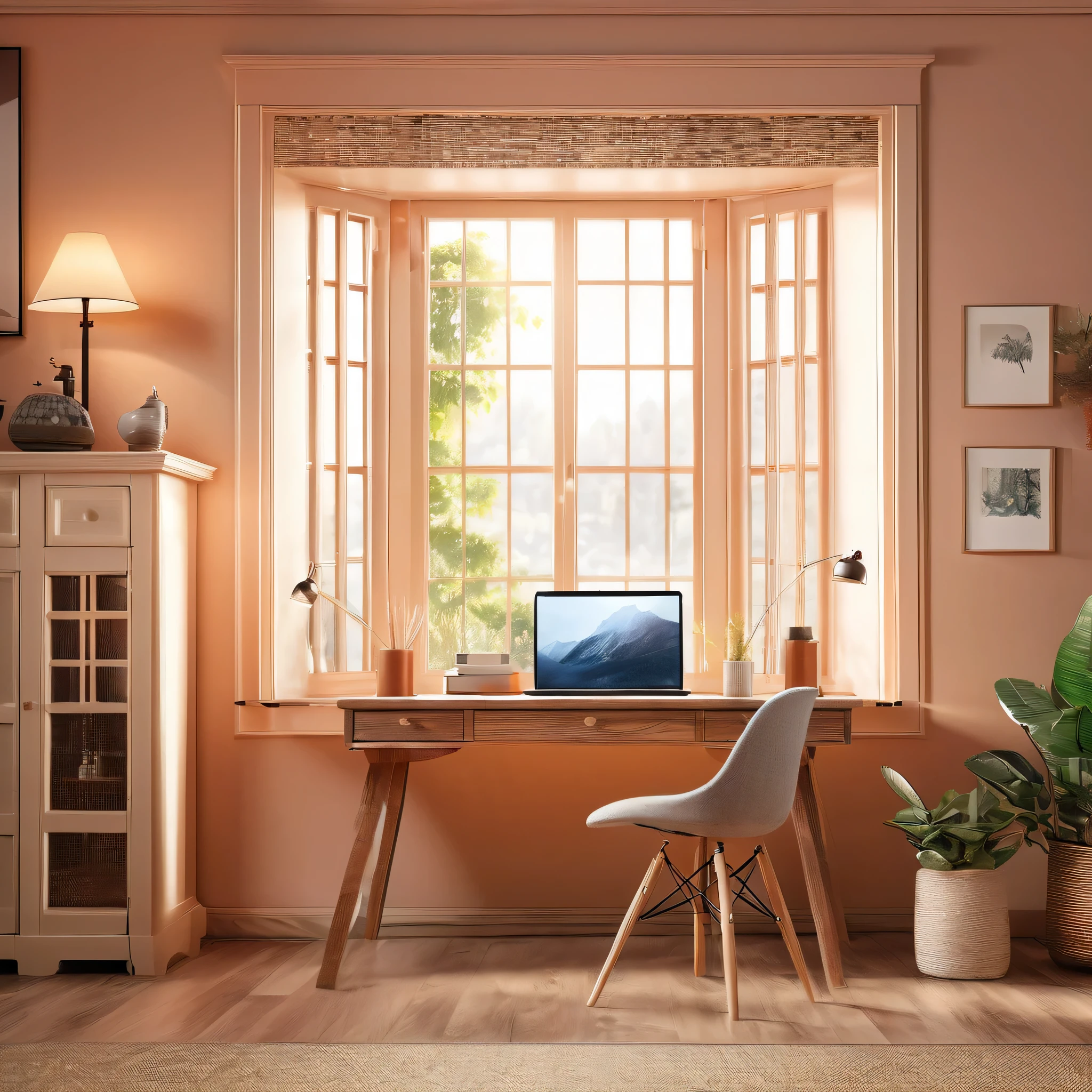beautiful detailed interior scene, laptop computer on desk, window lighting, high quality, 8k, photorealistic, dramatic lighting, minimalist design, clean composition, still life, detailed surfaces, warm color tones, soft shadows, natural daylight, shallow depth of field, studio lighting, professional photography