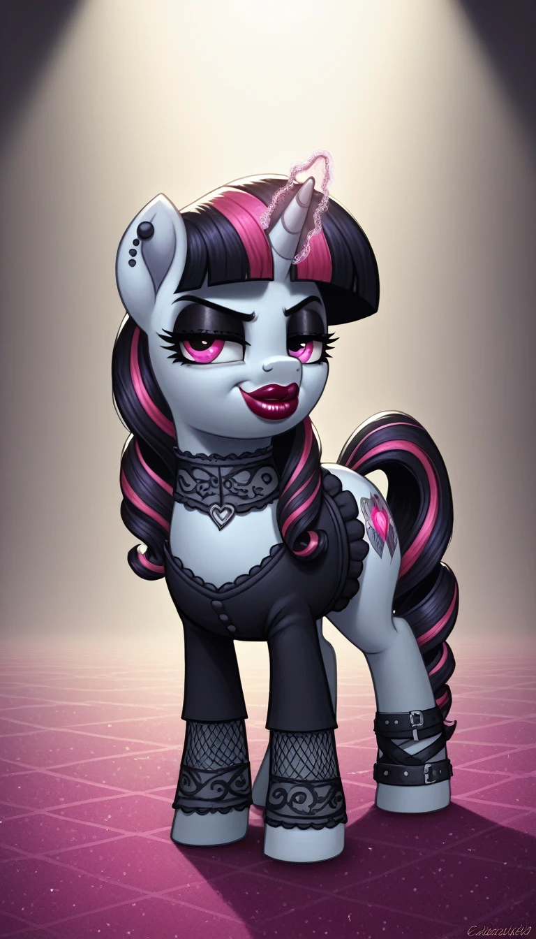 score_9,score_8_up,score_7_up,score_6_up, filly, unicorn, Gothic pony, ta goth fashion, glowing backlight, fashion show, catwalk scene, glitter, whimsical, enchanted, magical, fantasy art concept, intricate details, smug smile, large Breast Augmentation Implants like a blimp, bimbo, big lips