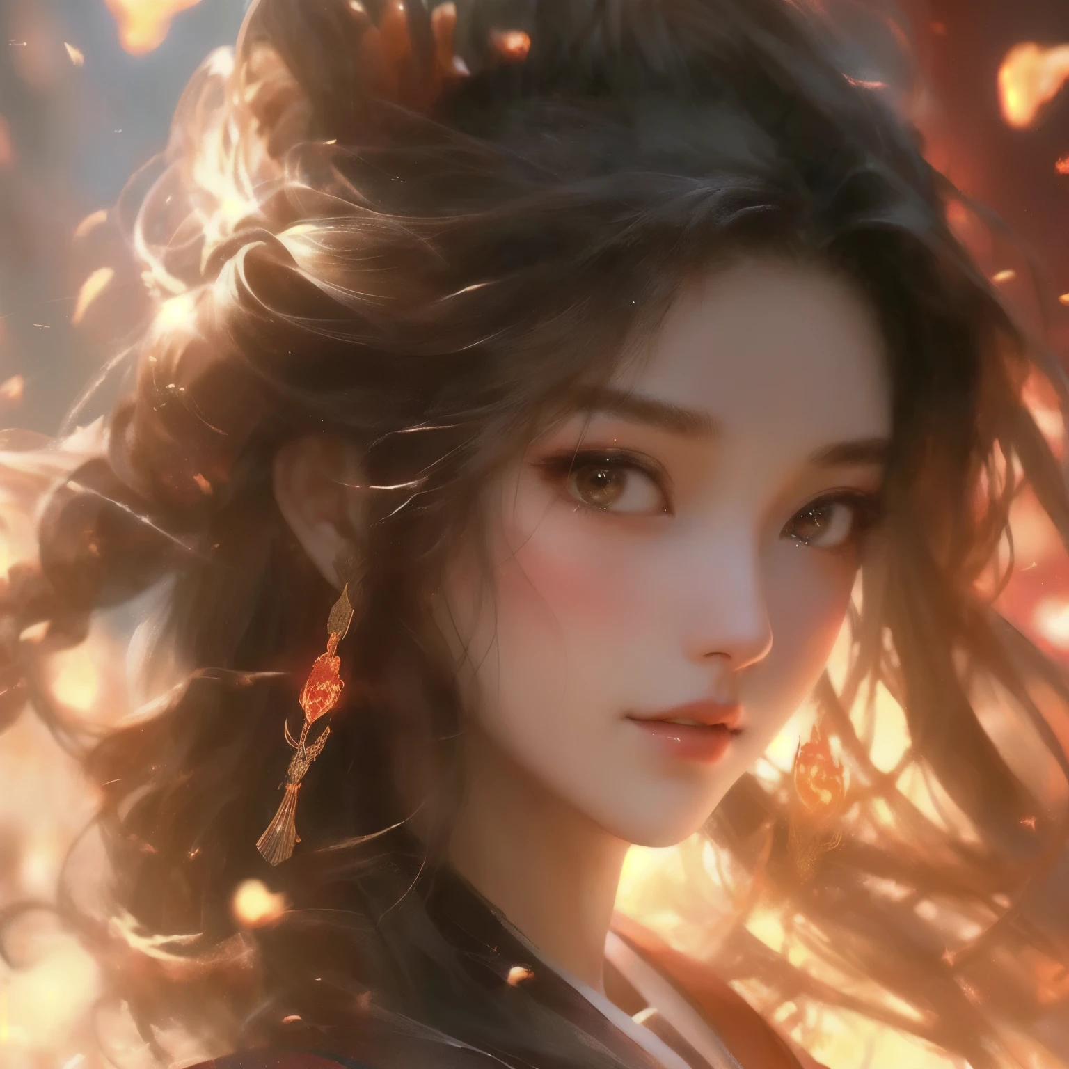 Woman in hanfu, surrounded by flames background with flowing flames, illustration CG laser, hologram, bokeh shading, soft focus impasto acrylic illustration, CG, laser, hologram, soft focus, sacred film edge, shading