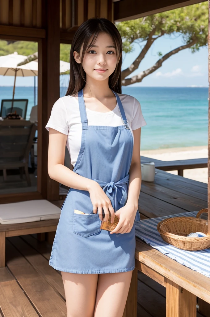 Pretty 21 year old woman（Japanese face）Wearing an apron and a miniskirt、Being at the beach house