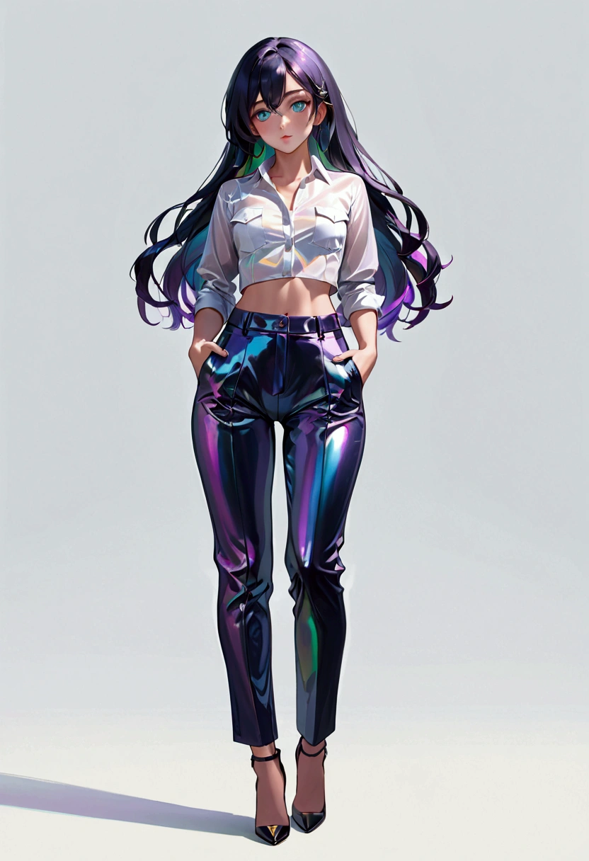 (masterpiece), best quality, expressive eyes, perfect face, Girl,long dark iridescent hair, iridescent eyes, small waist, medium chest, large thighs, full body view,pant and shirt